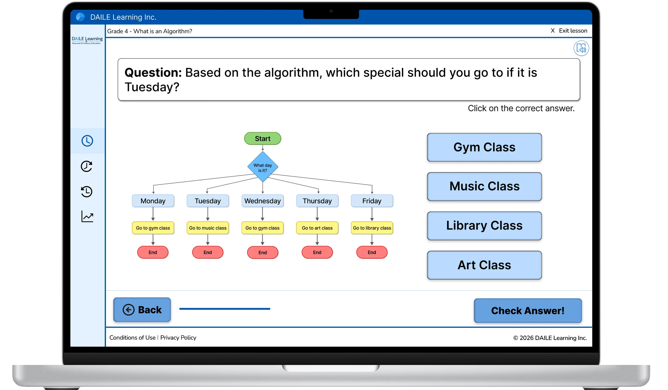 DAILE Learning lesson showing a Grade 4 algorithm flowchart question